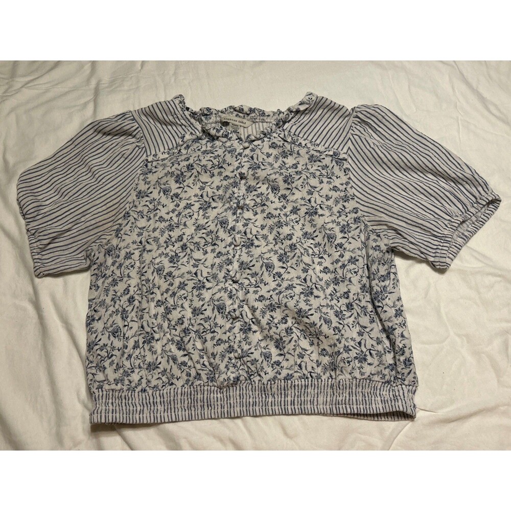 AE American Eagle Cottagecore Boho Floral Stripe Smocked Waist Crop Top Blouse M